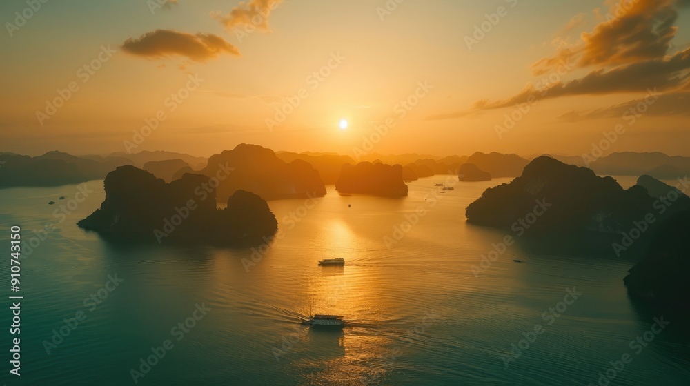 Sunset Over Silhouetted Islands and Boats in a Calm Bay Sunset Over Silhouetted Islands and Boats in a Calm Bay