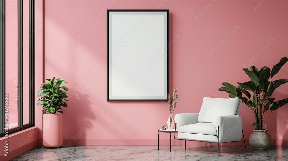 Minimalist Living Room with Pink Wall, White Chair, and Empty Picture Frame Minimalist Living Room with Pink Wall, White Chair, and Empty Picture Frame