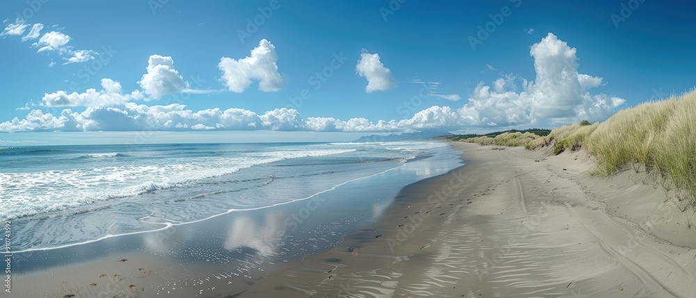 Naklejka premium Tranquil Beachscape with Clear Sky and Soft Clouds in the Distance