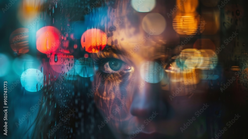 Fototapeta premium A woman's face is blurred and distorted by raindrops on a window