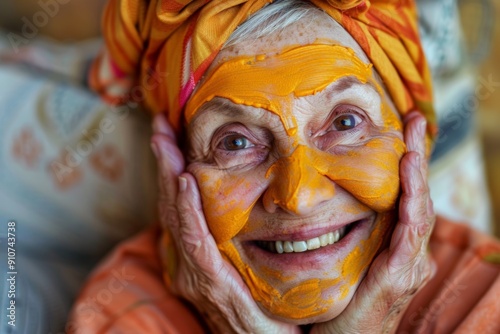 A woman with a yellow face mask on
