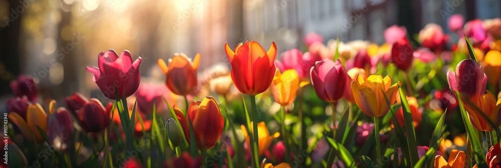 Radiant tulips basking in sunlight, showcasing their vibrant hues and the delicate beauty of nature's springtime bloom. Radiant tulips basking in sunlight, showcasing their vibrant hues and the delicate beauty of nature's springtime bloom.