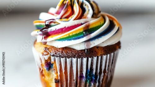 Rainbowstriped muffin, closeup, against a white background, vibrant and enticing photo