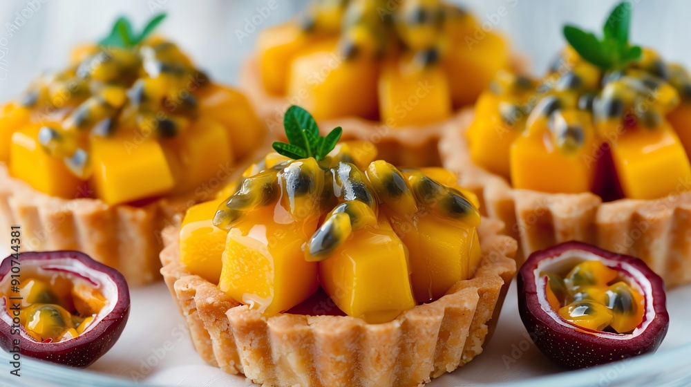 Tropical fruit tart with mango and passion fruit, isolated on white, vibrant and refreshing Tropical fruit tart with mango and passion fruit, isolated on white, vibrant and refreshing
