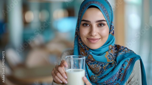 Smiling Woman in Hijab Holding a Glass of Milk