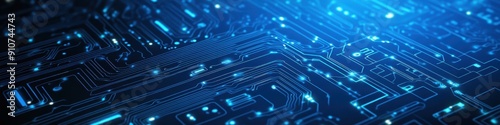 Innovative circuit board design with digital lines and electrical connections on a blue technology panorama background