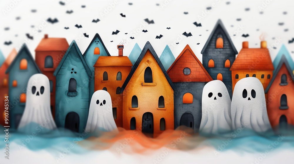 spooky town with watercolor ghosts and skeletons, boho style, spooky town with watercolor ghosts and skeletons, boho style,