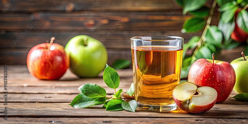 Fresh apple juice in a glass with sliced apples and green leaves on wooden table, apple, juice, fresh, glass, sliced, green