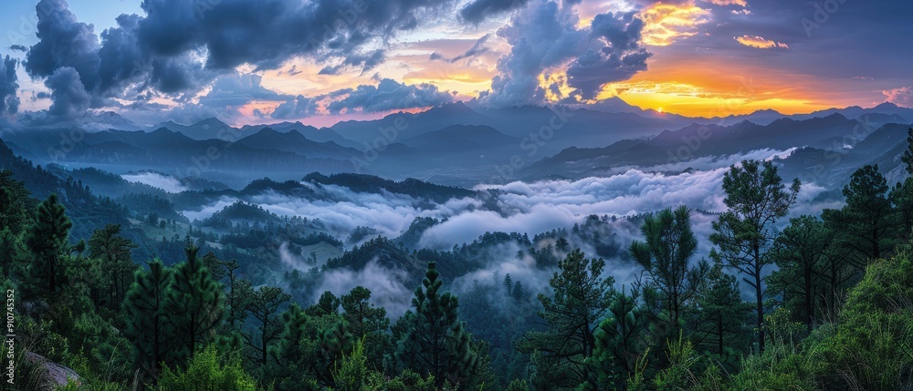Serene Evening Glow Illuminating Clouds and Landscape