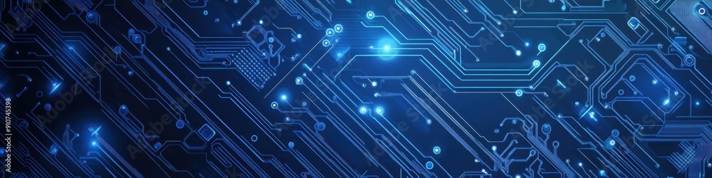 Technology circuit board background with digital lines and electrical connections in a blue engineering panorama background Technology circuit board background with digital lines and electrical connections in a blue engineering panorama background
