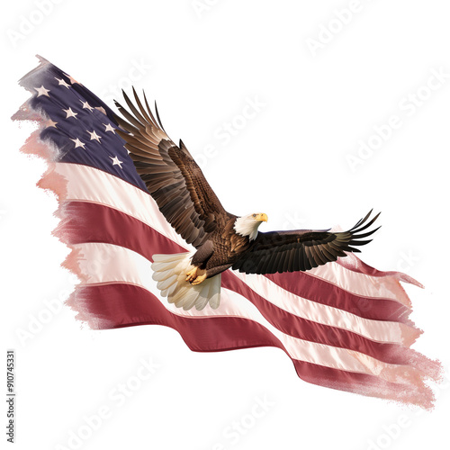 A Bald Eagle flying over the American Flag isolated on a transparent background