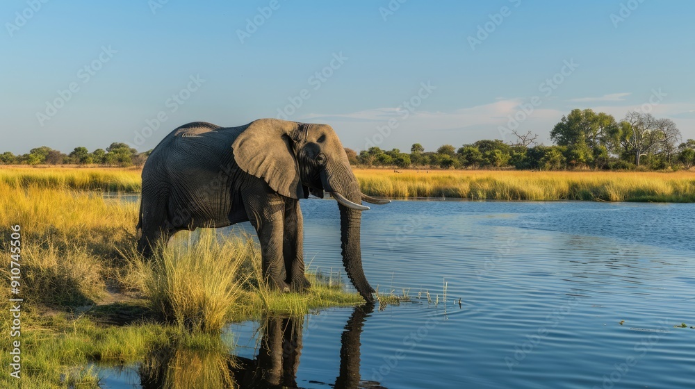 Fototapeta premium Elephant Drinking from a River in a Savanna