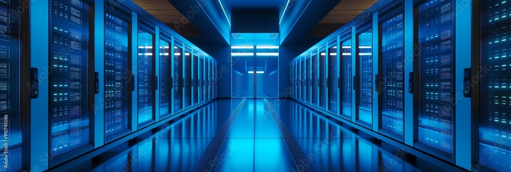An advanced data center interior showcasing rows of servers, all illuminated in vibrant blue lighting, ready for processing and storage needs.
