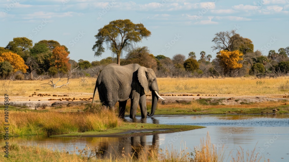 Obraz premium Elephant Drinking Water in a Savanna Landscape