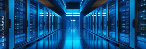 Obraz na płótnie An advanced data center interior showcasing rows of servers, all illuminated in vibrant blue lighting, ready for processing and storage needs. w salonie