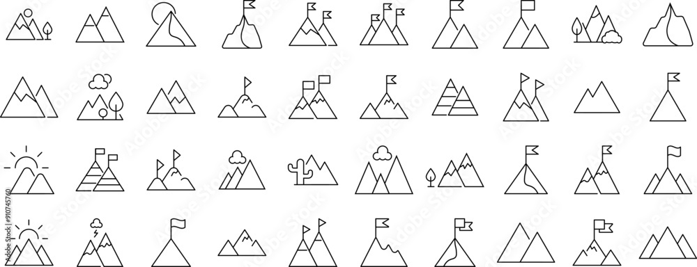 Collection of Line Icons of mountains as symbol of travel and hiking for Adverts. Suitable for books, stores, shops. Editable stroke in minimalistic outline style. Symbol for design Collection of Line Icons of mountains as symbol of travel and hiking for Adverts. Suitable for books, stores, shops. Editable stroke in minimalistic outline style. Symbol for design