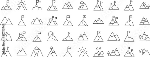 Collection of Signs of mountains as symbol of travel and hiking. Suitable for books, stores, shops. Editable stroke in minimalistic outline style. Symbol for design