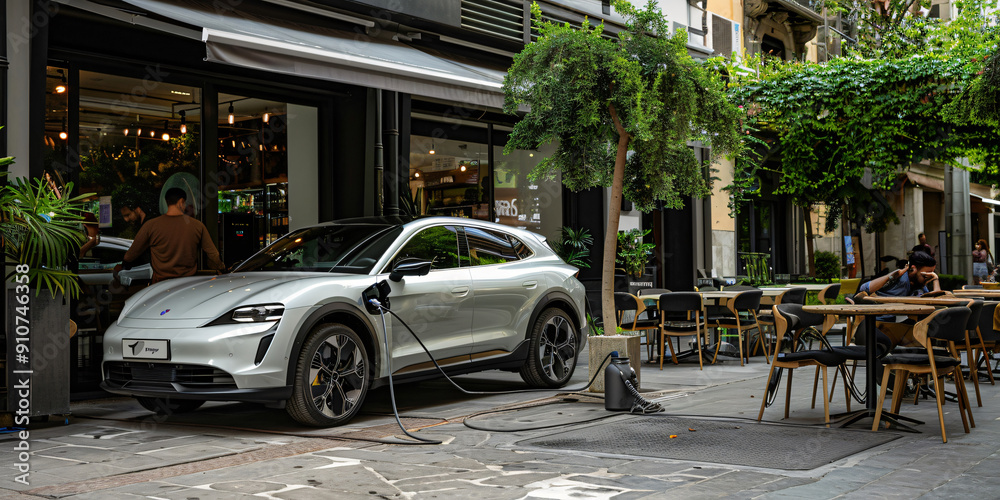 Fototapeta premium Electric Car Charging at a Cafe