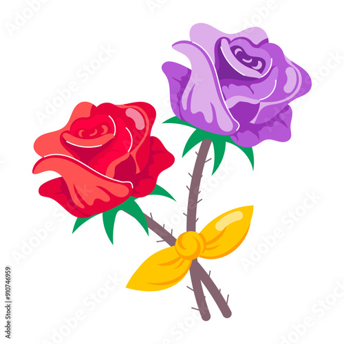 Roses with ribbon bow, flat sticker 

