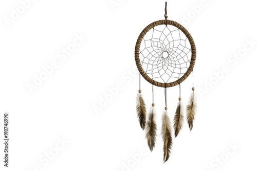 Artistic photo of a dreamcatcher with feathers, isolated on transparent background. Great for themes of culture, handcrafted art, and spirituality.