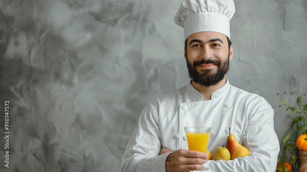 Chef Holding a Glass of Juice and Pears Chef Holding a Glass of Juice and Pears