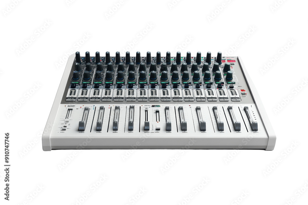 Close-up image of a professional electronic music synthesizer and mixer with knobs and sliders for sound production and audio technology. Close-up image of a professional electronic music synthesizer and mixer with knobs and sliders for sound production and audio technology.