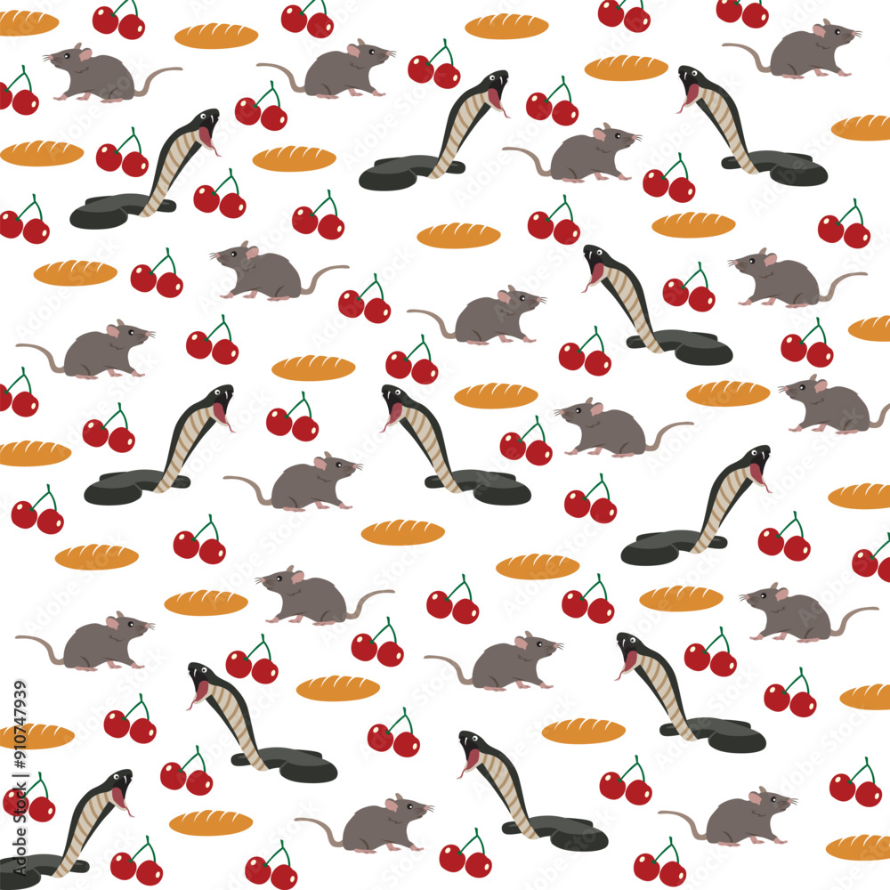 cute rat, snake with cherry and bread as a pattern background cute rat, snake with cherry and bread as a pattern background
