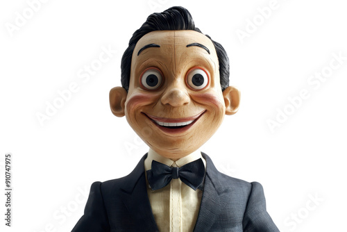 Close-up view of a smiling ventriloquist dummy in a formal suit and bow tie, isolated on a transparent background. photo