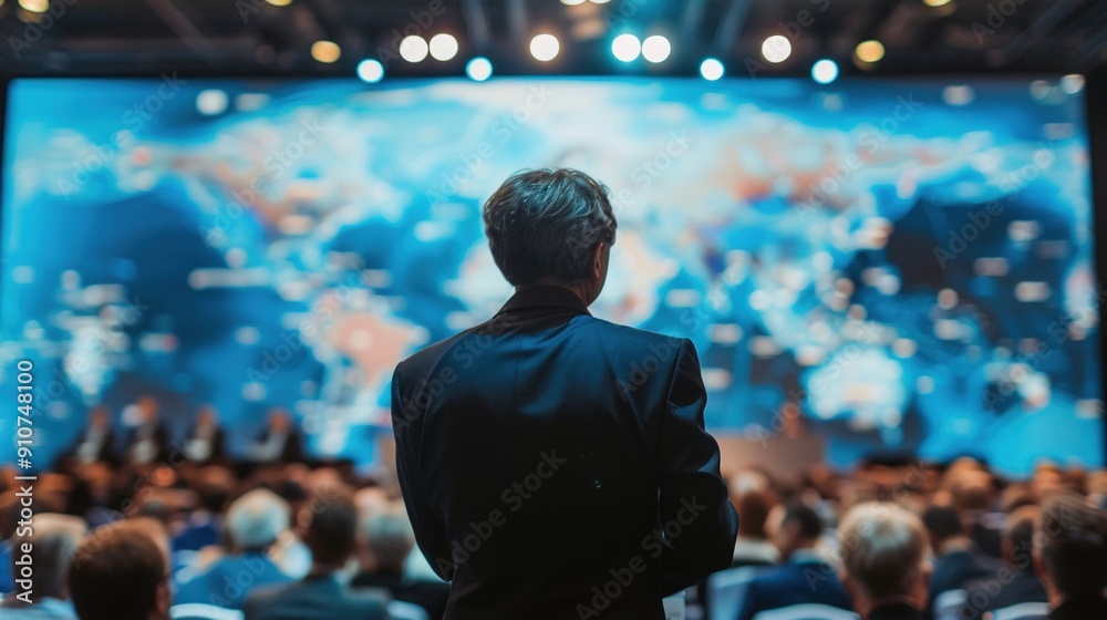 A man stands in front of a large screen in a dark room, looking out at a crowd of people. A man stands in front of a large screen in a dark room, looking out at a crowd of people.