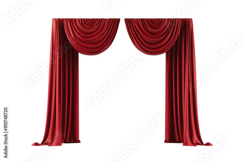 Elegant red theater curtains draped open, creating a classic and sophisticated stage entrance, perfect for performances and events.