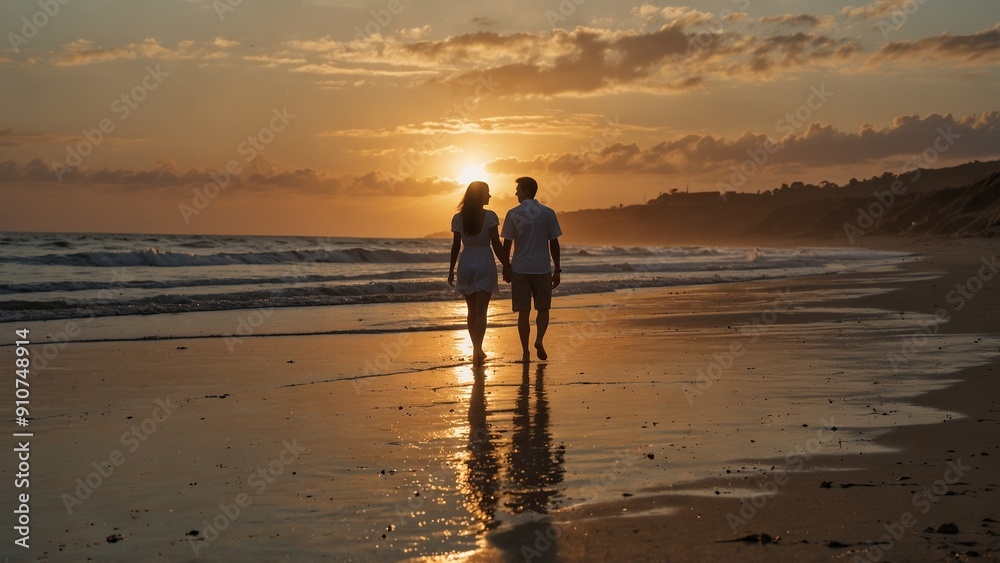 Naklejka premium A couple walking on the beach at sunset, surrounded by warm sand and the sound of waves.