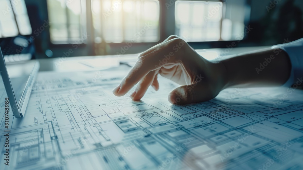 A Hand Tracing Architectural Plans on a Desk A Hand Tracing Architectural Plans on a Desk