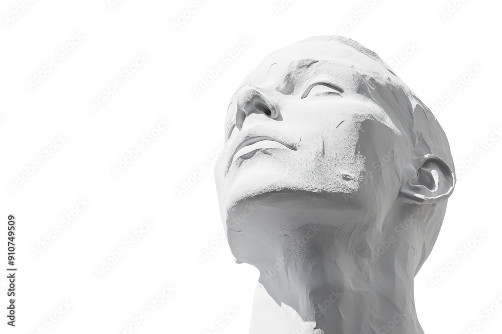 Minimalistic, white plaster sculpture of a human head looking upwards, isolated on a clean transparent background. representing contemplation. Minimalistic, white plaster sculpture of a human head looking upwards, isolated on a clean transparent background. representing contemplation.