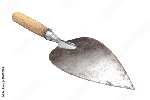 Rustic metal hand trowel with a wooden handle isolated on a transparent background. perfect for gardening and masonry tool collections.