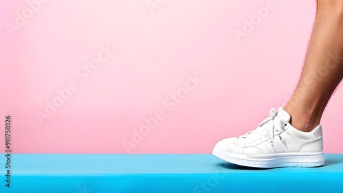 Persons Feet in White Sneakers on Blue Surface 