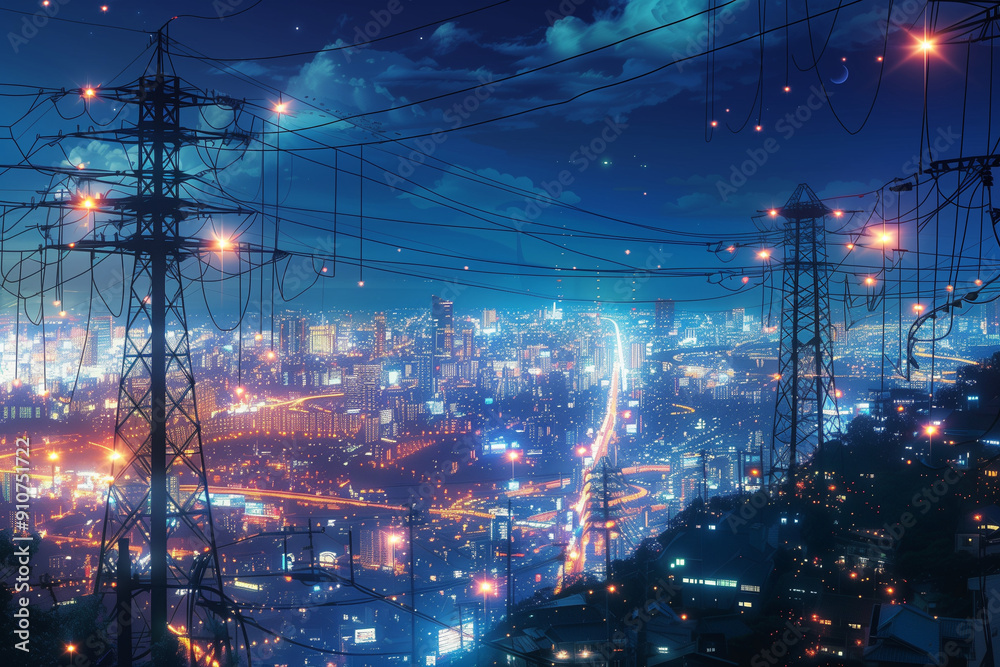 Obraz premium Night Cityscape with Power Lines and Stars