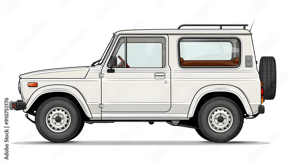 This detailed illustration showcases a classic 4x4 offroad vehicle from a side view, emphasizing its rugged design suitable for automotive and adventurerelated projects