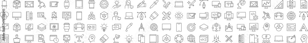 Collection of Icons of programming, coding, web design, engineering. Suitable for books, stores, shops. Editable stroke in minimalistic outline style. Symbol for design Collection of Icons of programming, coding, web design, engineering. Suitable for books, stores, shops. Editable stroke in minimalistic outline style. Symbol for design