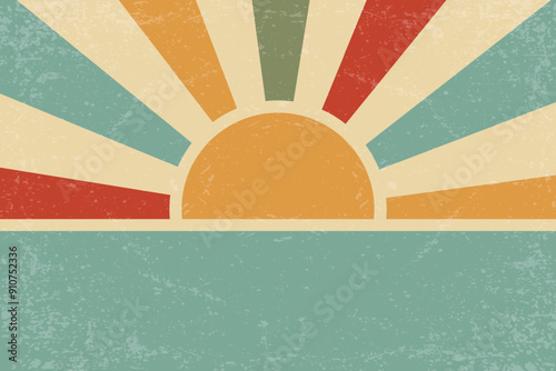 Sunrise retro background. Vector summer 70s poster with beams and sea. Vintage groovy design with grunge old paper texture for carnival and beach party festive banner