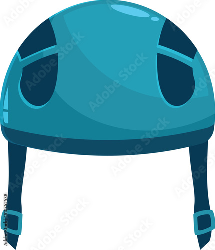Blue safety helmet with chin straps and buckles, designed to protect the head during sports