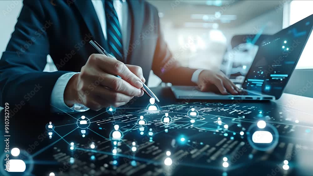 A businessman uses a stylus to interact with a digital network of connected people, representing business strategy and connection. A businessman uses a stylus to interact with a digital network of connected people, representing business strategy and connection.