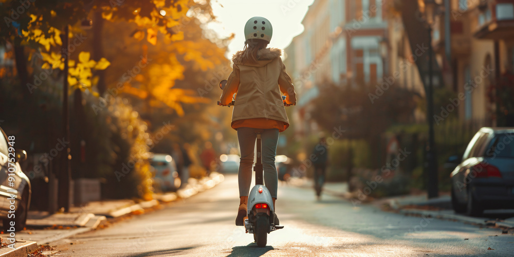Woman riding electric scooter on a city street Woman riding electric scooter on a city street