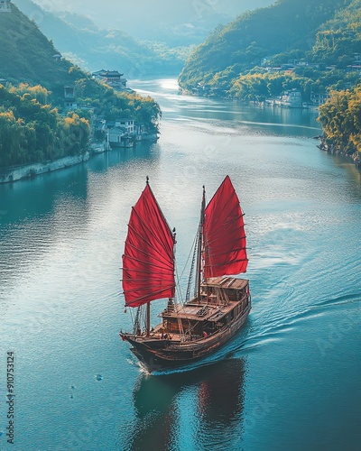 Traditional Chinese junk boat with red sails on a river, more clarity with clear light and sharp focus, super detailed photo