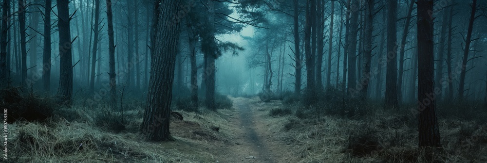 Obraz premium An atmospheric image of a forest path enveloped in fog, creating a mysterious and hauntingly serene ambiance perfect for solitary reflection.
