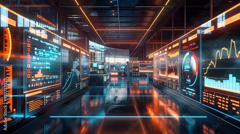 Businessman Analyzes Financial Data Visualizations in Futuristic Command Center Businessman Analyzes Financial Data Visualizations in Futuristic Command Center