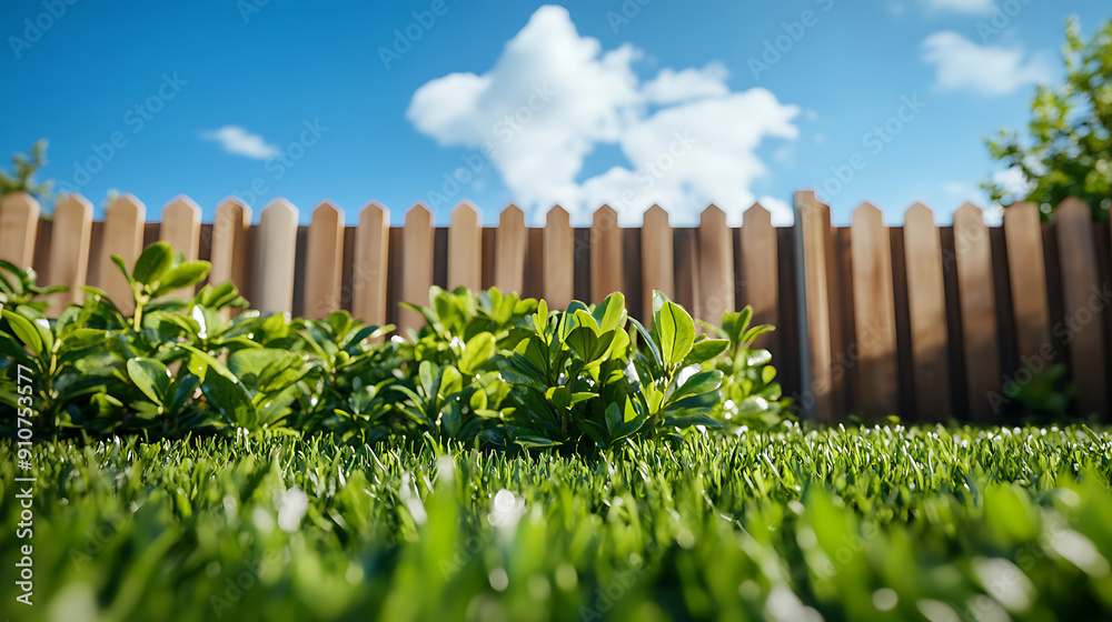 Fototapeta premium A spring residential backyard garden, photorealistic, with grass in the foreground, a wooden fence with green plants in front of it, blue sky with a few soft clouds