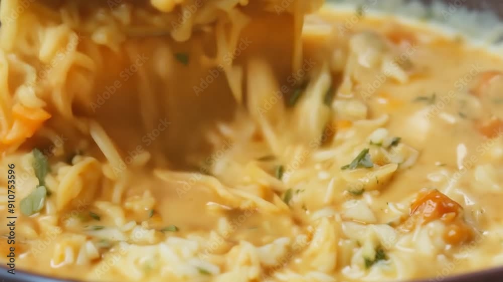 A wooden spoon stirs a creamy rice dish with colorful vegetables simmering in a pot on the stovetop A wooden spoon stirs a creamy rice dish with colorful vegetables simmering in a pot on the stovetop