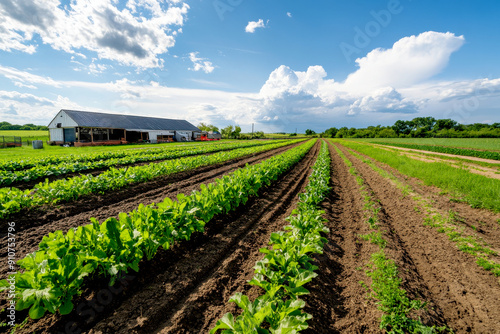 Vibrant farmland with rows of crops and a rustic barn under a bright sky, showcasing agriculture and nature's beauty. photo