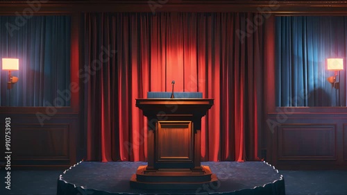 A podium with a microphone stands under red curtains and spotlights, ready for a speech or presentation. photo