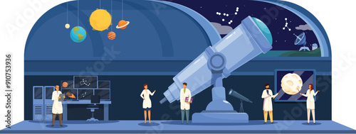 Scientists observing space through telescope in observatory at night, exploring universe and galaxy